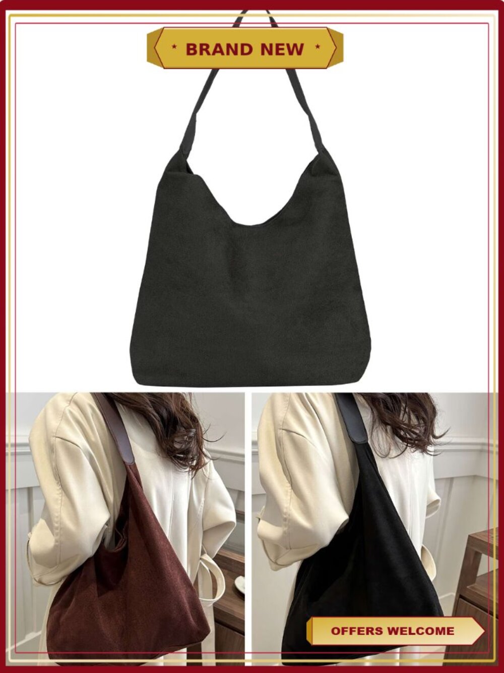 Suede Slouchy Tote Bag Large Capacity Magnetic Snap Office Shoulder Hobo